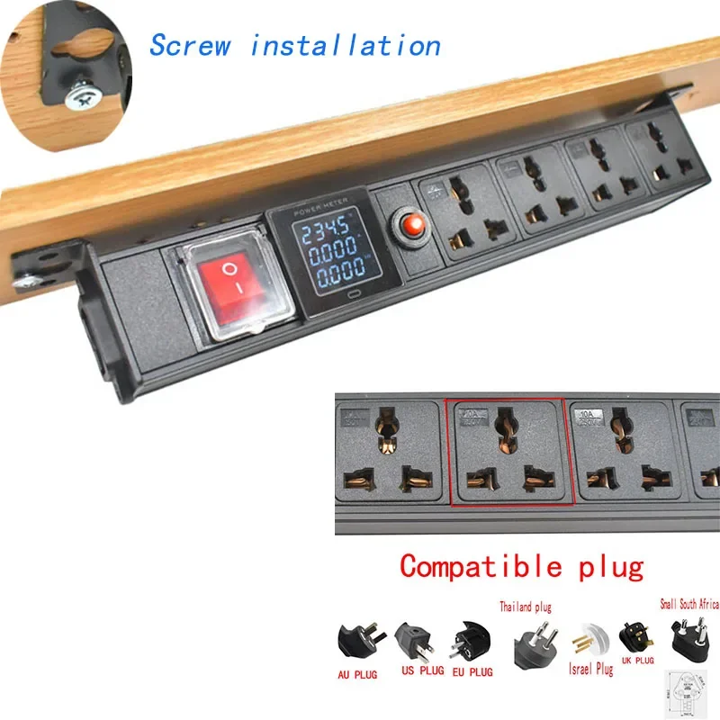 PDU power strip overload protection Hidden  Universal socket compatible US EU UK AU Thailand plug socket Digital display ammeter