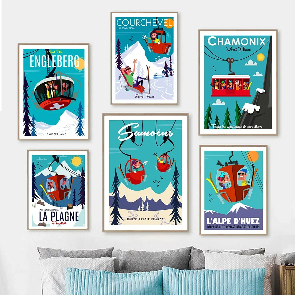 Alpes Mount Cable Car Playground Art Poster Print Cartoon Snow Mountain Engleberg Titlis Travel Canvas Painting Room Home Decor