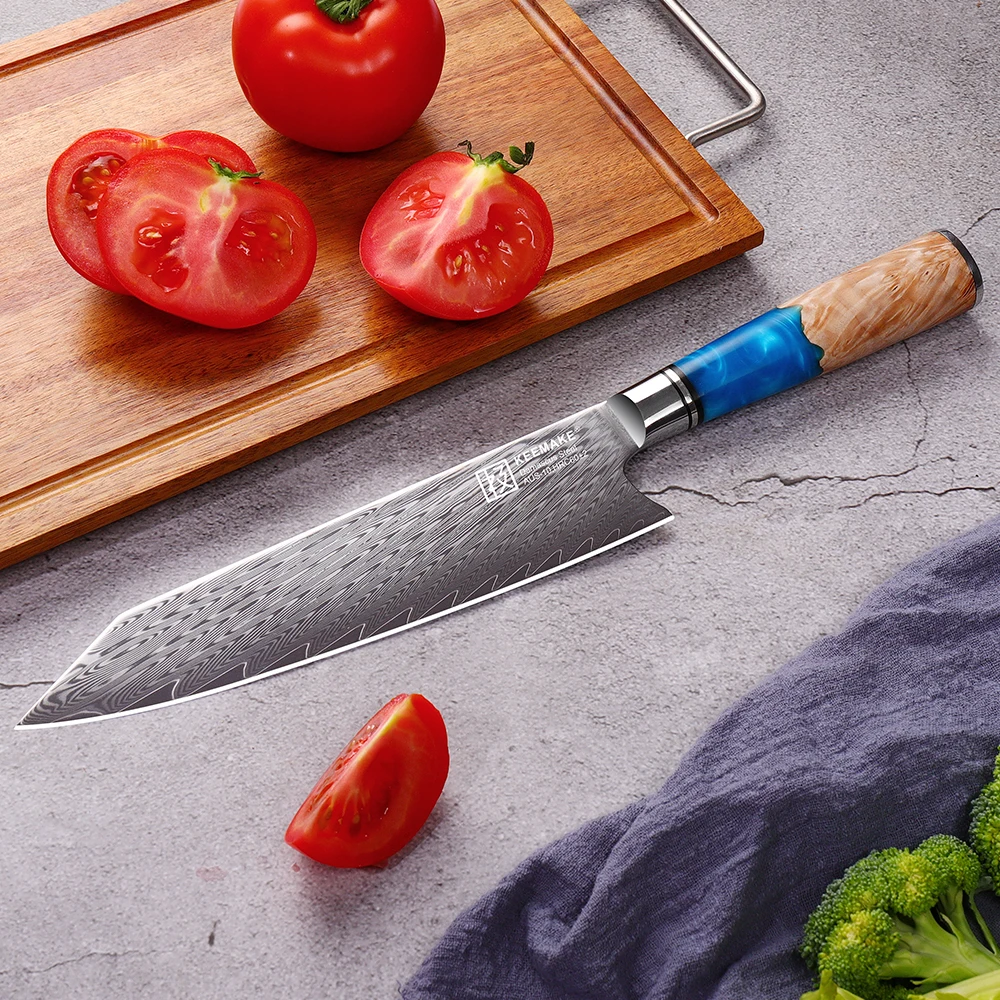 KEEMAKE 8\'\' inch Chef Kitchen Cooking Damascus Steel Knife Blue Resin Handle Slicer Meat Cutting Fruit Vegetable Fish Chopper