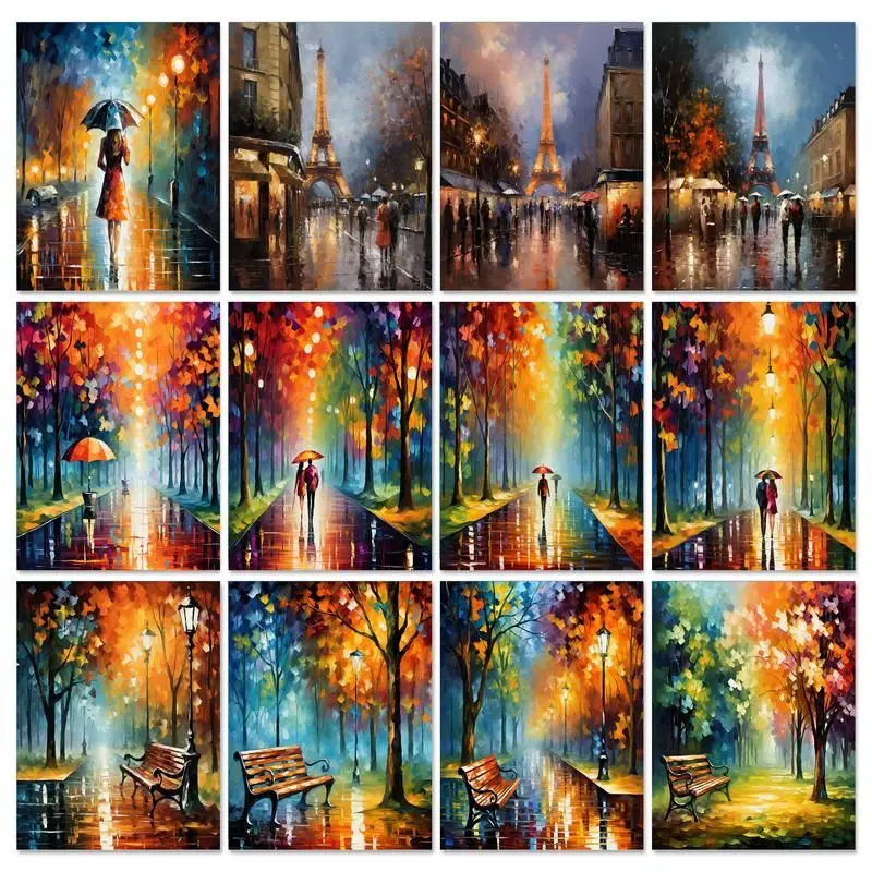 

GATYZTORY Diy Paint By Numbers For Beginner Kits Rainy Street Scenery Easy Paint With Brushes Acrylic On Canvas For Home Decorat