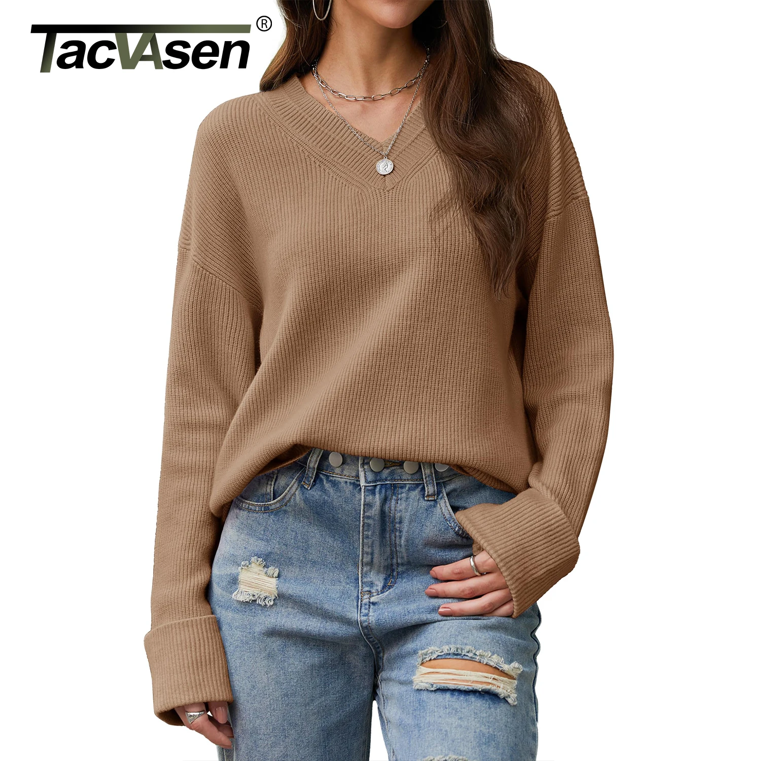 

TACVASEN Womens Long Sleeve Tops Antumn Winter V Neck Sweater Pullover Casual Loose Fit Sweater Tunic Fall Fashion Clothes 2025