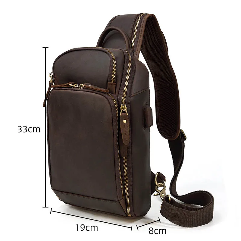 Imagem -02 - Bolsa de Peito de Couro de Vaca Genuína Masculina Bolsas Crossbody Vintage Carregamento Usb Bolsas de Ombro de Viagem Verão