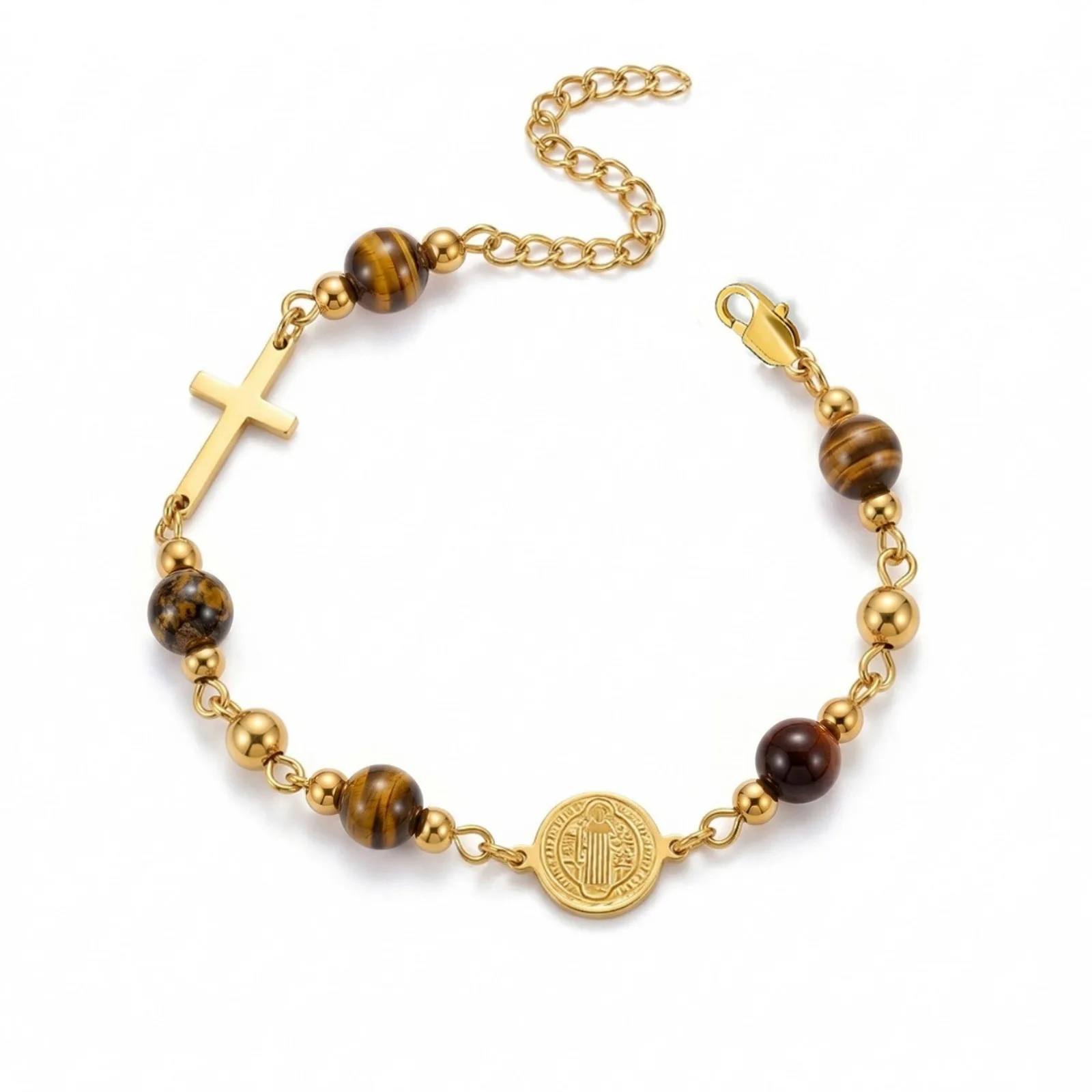 1 Stück religiöses mehrfarbiges Steinperlenarmband mit Kreuz-Jesus-Anhängern, 304 Edelstahl, 18K vergoldet, Geschenk für Frauen, Großhandel – Detail 4