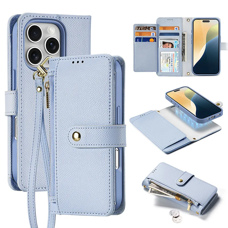 

Genuine Leather Magnetic Flip Detachable Phone Cover for iPhone Air 17 16e 15 Pro Max with Wrist Strap and Wallet Card Slots