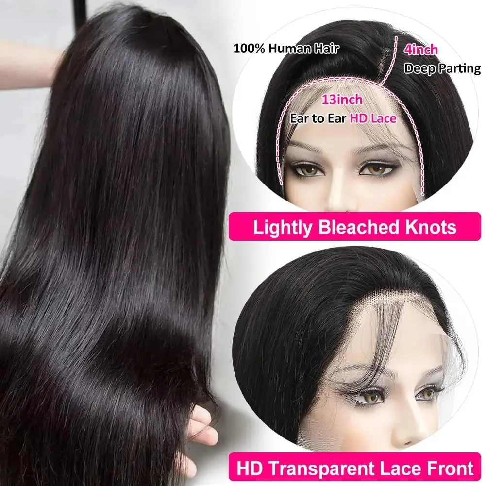 HD peruca dianteira do laço transparente para mulheres negras, cabelo humano, reto, pré arrancado, 13x4, 13x6, 30 ", 40"