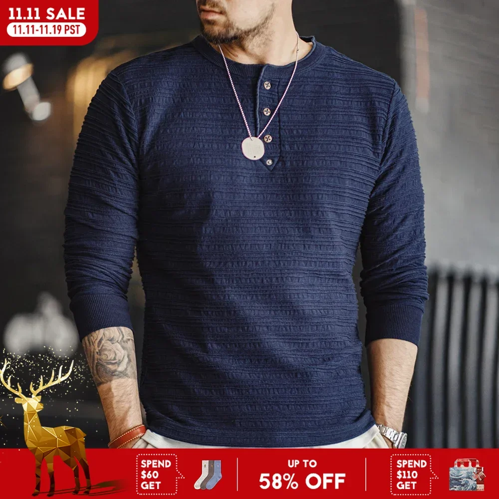 

Maden Men's Spring Vintage Jacquard Knitted Denim Henry Shirts Slim Long-sleeved T-shirt Wave Pattern Y-neck Tops for Autumn