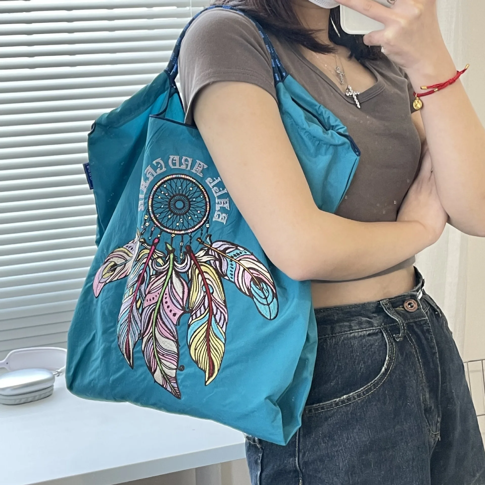 Feather Nylon Tote Dream Catcher Eco Bags for Women Handbags Large Embroidery Shoulder Bag Rope Handle Shopper Purses Ball Hobo