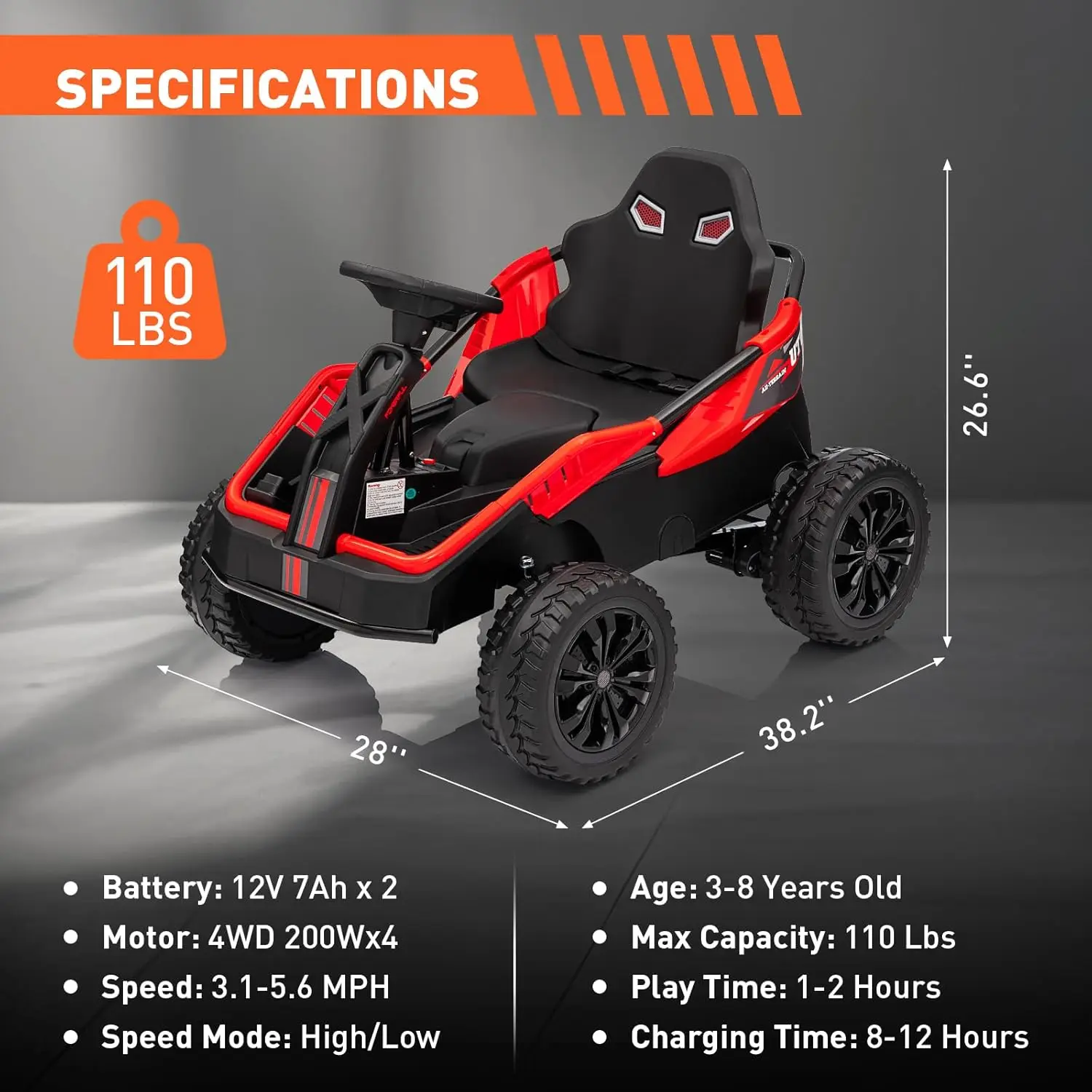 24V rit op speelgoed, 4x200W elektrische go-kart, op batterijen werkend plezier, dubbele rijmodi, schokdempers, duurzame banden, MP3-muziek