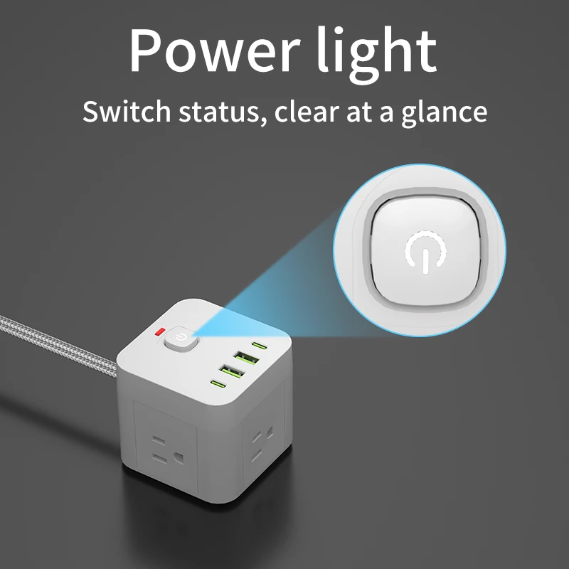 Desktop socket with flat braided wire, with 4 AC outlets and 2 USB-A and 2 USB-C slots, with overload protection function