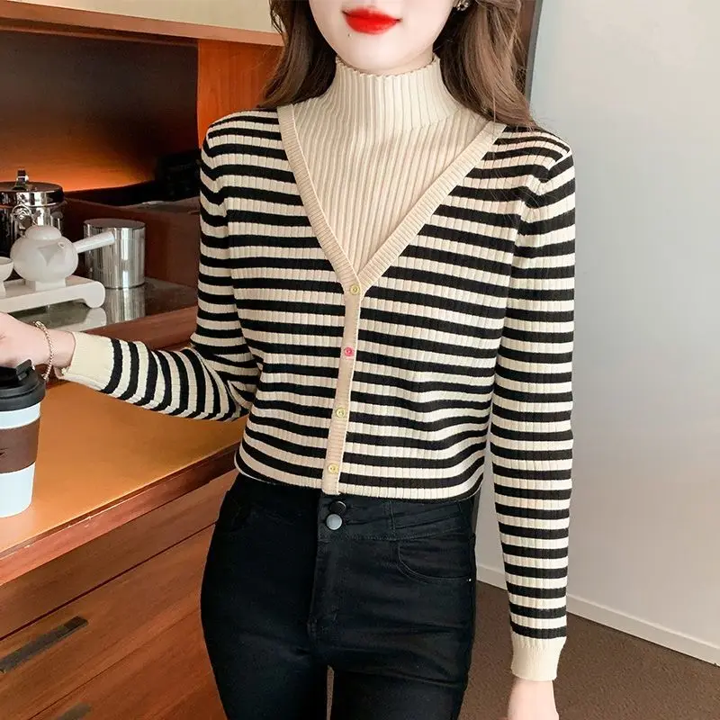 Fashion Turtleneck Button Striped Fake Two Piece Sweater Women's Clothing 2023 Autumn Winter New Casual Pullovers All-match Tops