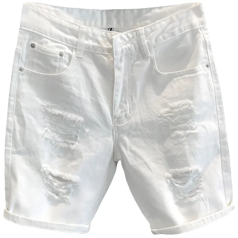 summer men\'s White hole Shorts fashion Scratched Beggar Jogger 5 points short pants