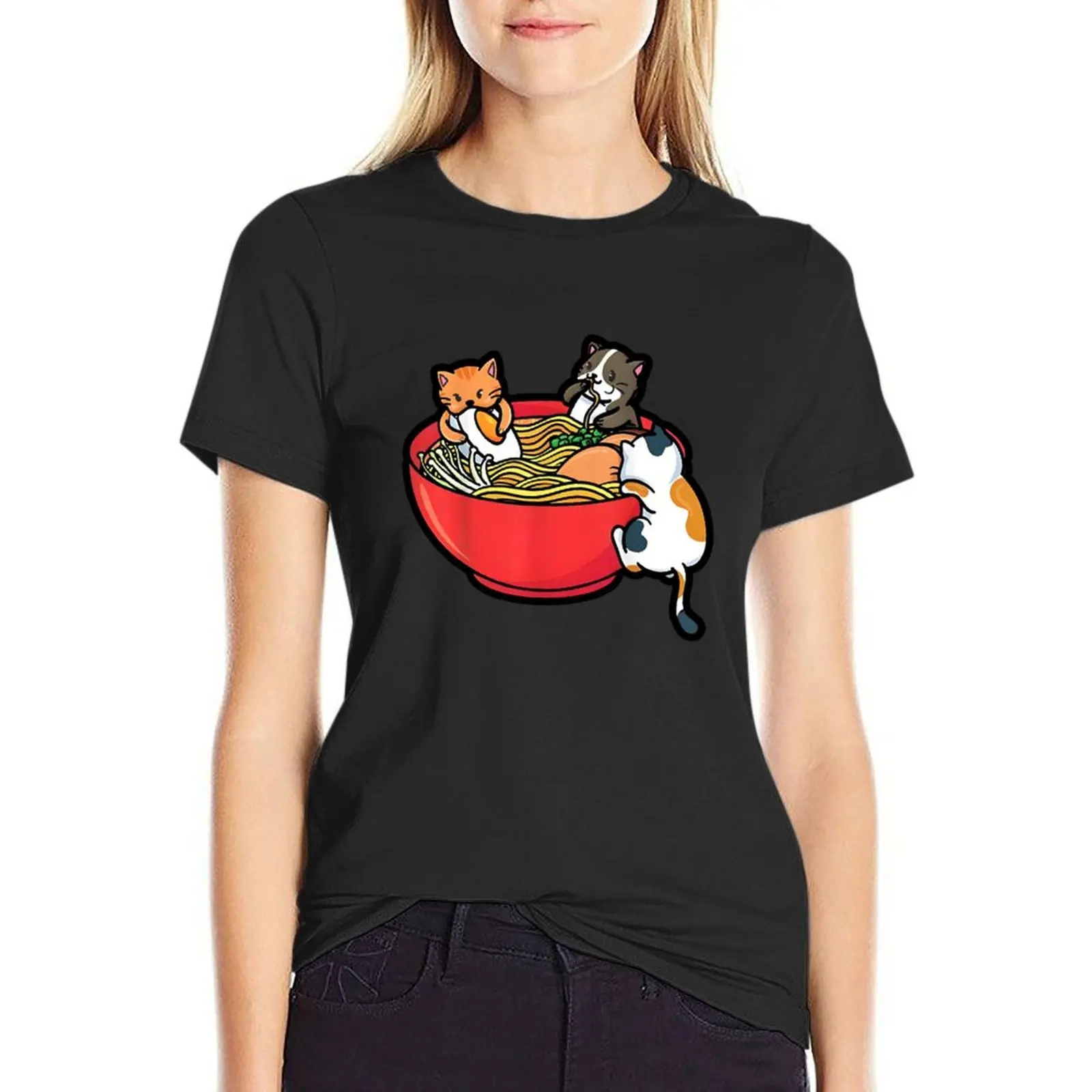 

Anime Cats Eat Japanese Ramen Noodles T-Shirt plus size tops vintage korean fashion anime clothes white t shirts for Women