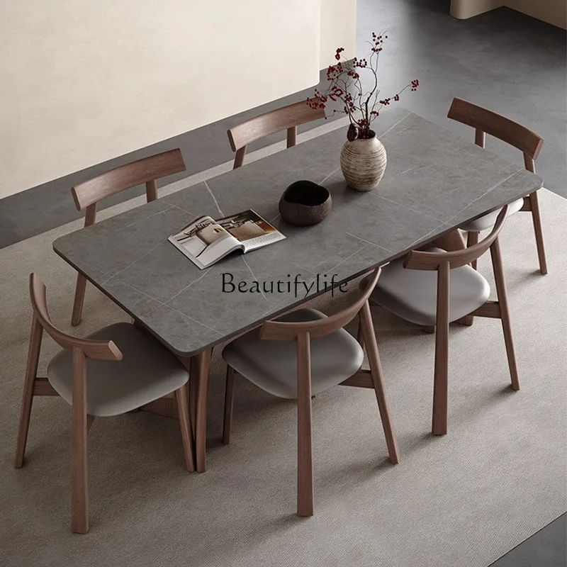 Solid wood rock slab dining table Modern simple walnut rectangular rock slab dining table