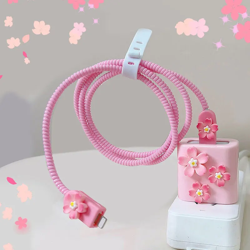 5Pcs Set Pink 3D Flower Charger Cable Protector for iPhone 15 Charger Protector Cute Cartoon USB Wire Charger Saver