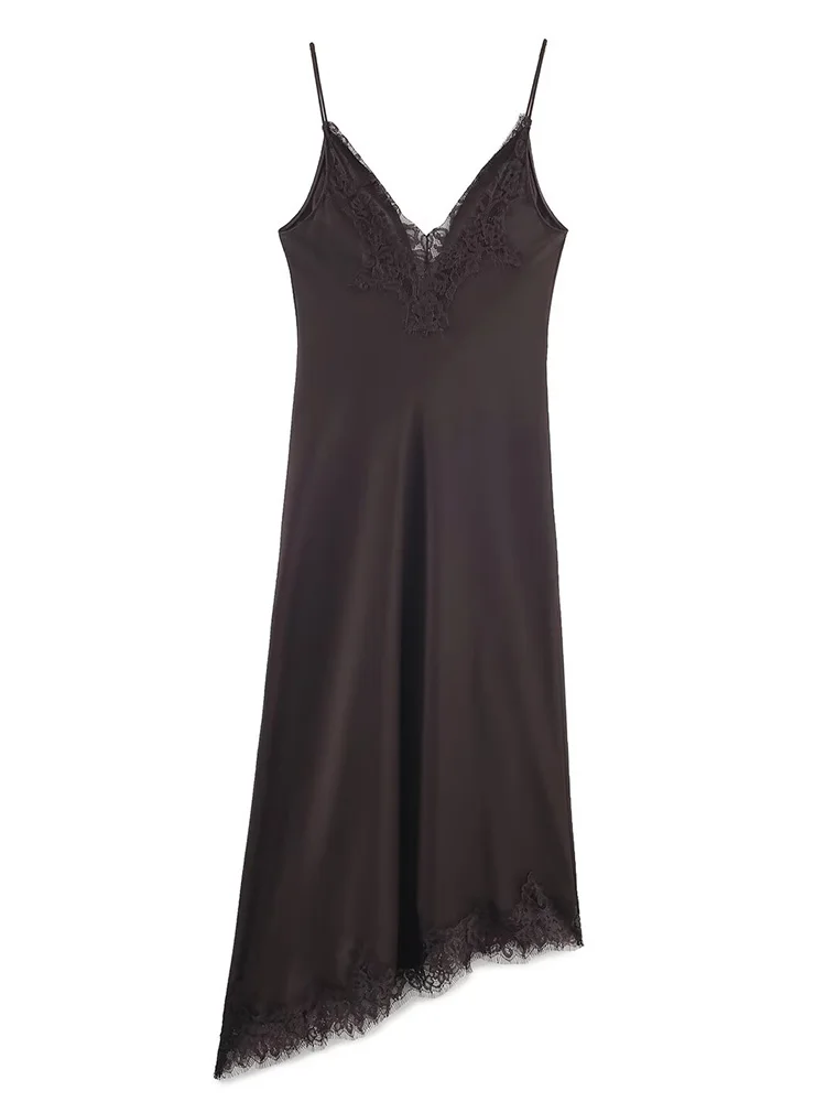 Letnia elegancka sukienka damska z dekoltem w serek, asymetrycznym dołem, koronkowymi zdobieniami, na ramiączkach, bez rękawów, z odkrytymi plecami, o satynowej fakturze, midi.