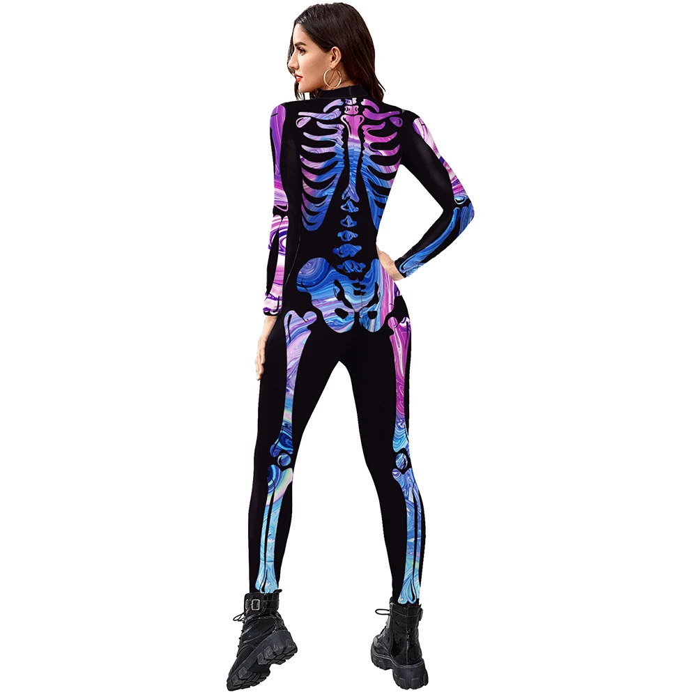 IOOTIANY Fluoreszierender Totenkopf-Overall, 3D-gedrucktes Halloween-Cosplay-Kostüm, sexy Jumpsuit, Bodysuit, Karnevalskleidung für Erwachsene – Detail 4