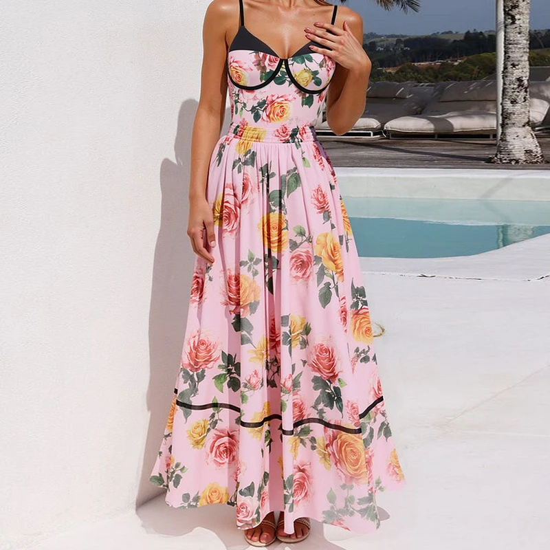 

Sexy Sleeveless Slim 2PC Swimwear Suit Elegant One Shoulder Bodysuit & Long Skirt Set Fashion Flower Print Draped Bikini Outfits