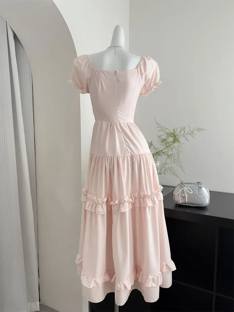 Japanese Fashion Square Collar Ruched A-line Dress Women New Sweet Romantic Long Dress Summer Elegant One-Piece Frocks Mori Girl