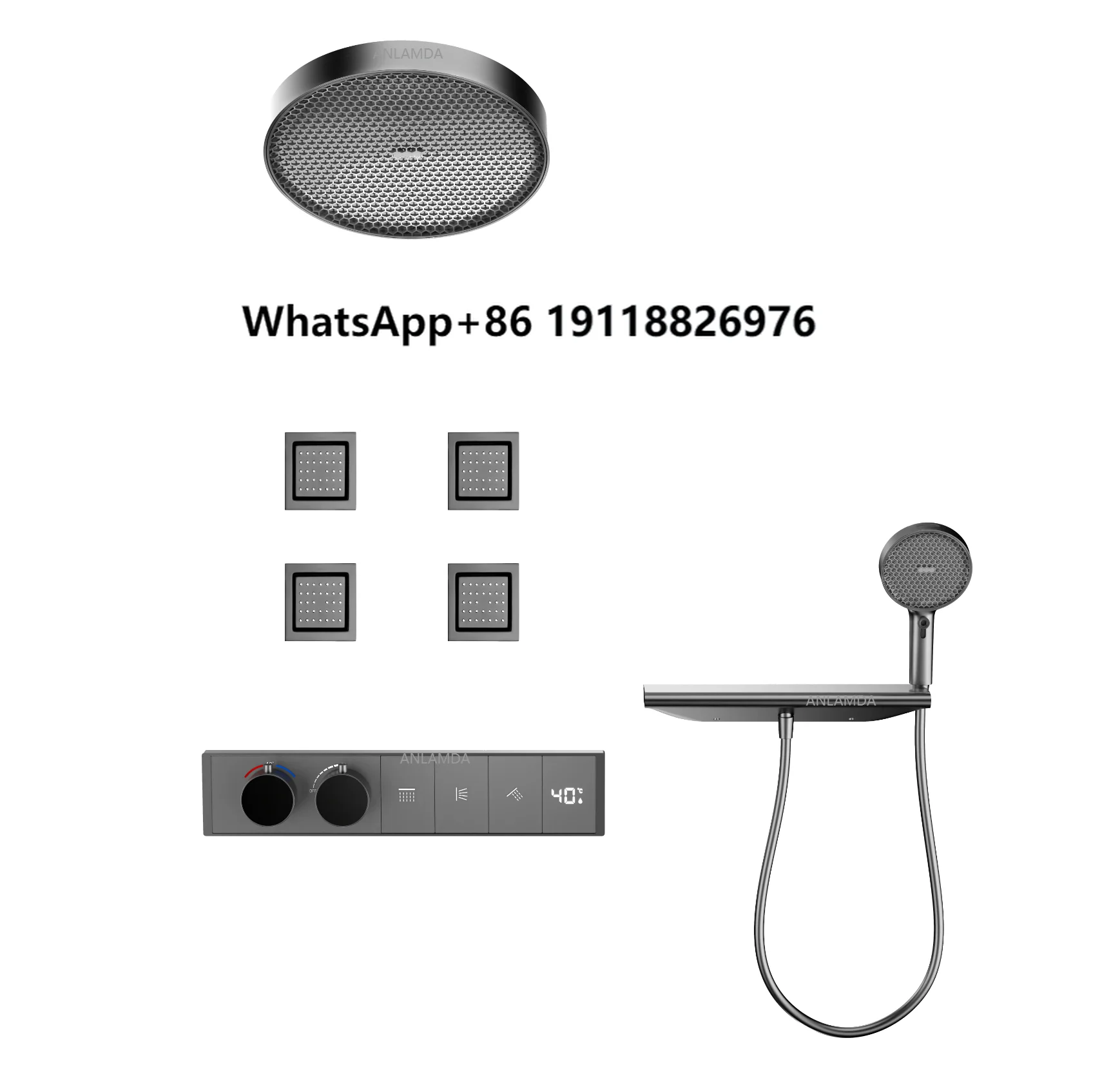 

2025 Gray Matte Black Concealed Wall Mounted 3 Way Outlet Digital Display Rain Shower System Set with Body Jets