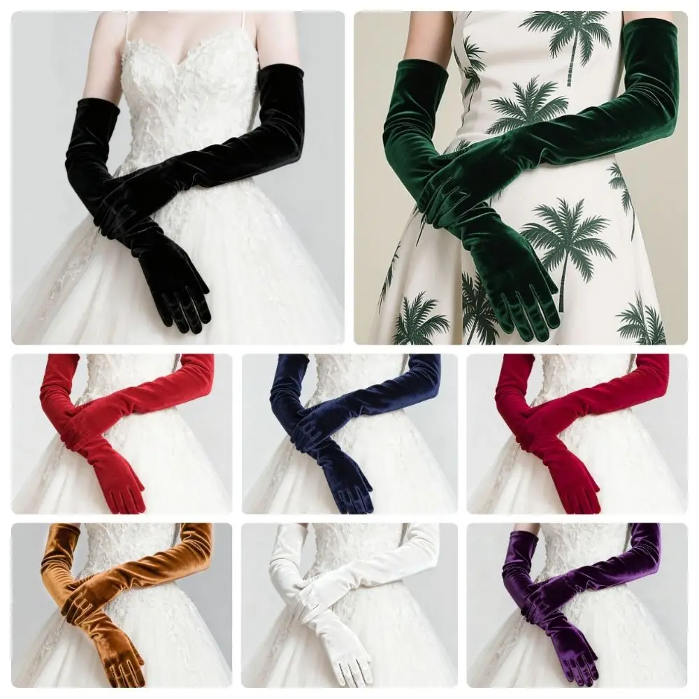 Elegant 53cm Velvet Long Gloves Solid Color Full Finger Women's Fluffy Gloves Party Mittens Party