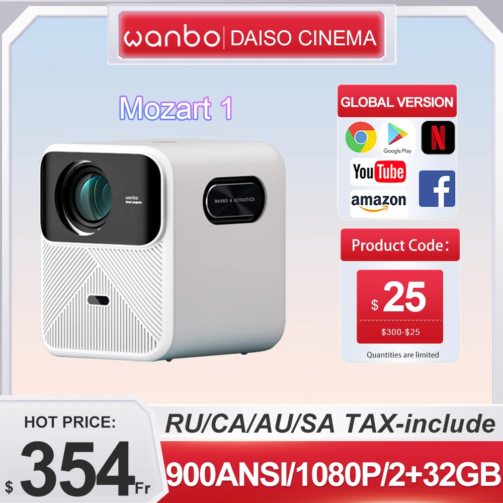 2023 Wanbo Mozart 1 Smart Portable Projector Full HD 1080P 900ANSI Lumens 2GB+32GB Auto Focus Android 9.0 Home Theater Beamer