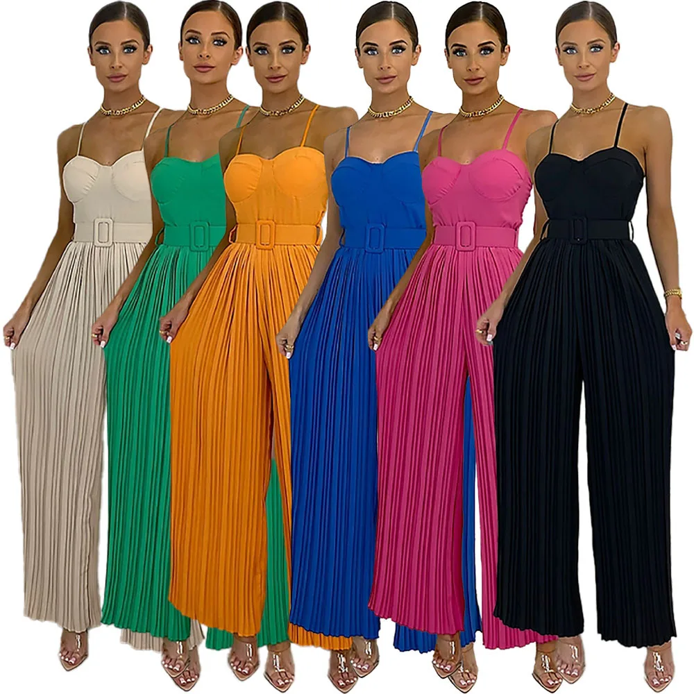 

Women Summer Spaghetti Strap Jumpsuits and Rompers Pleated Wide Leg Long Playsuits Ladies Casual Bodysuits