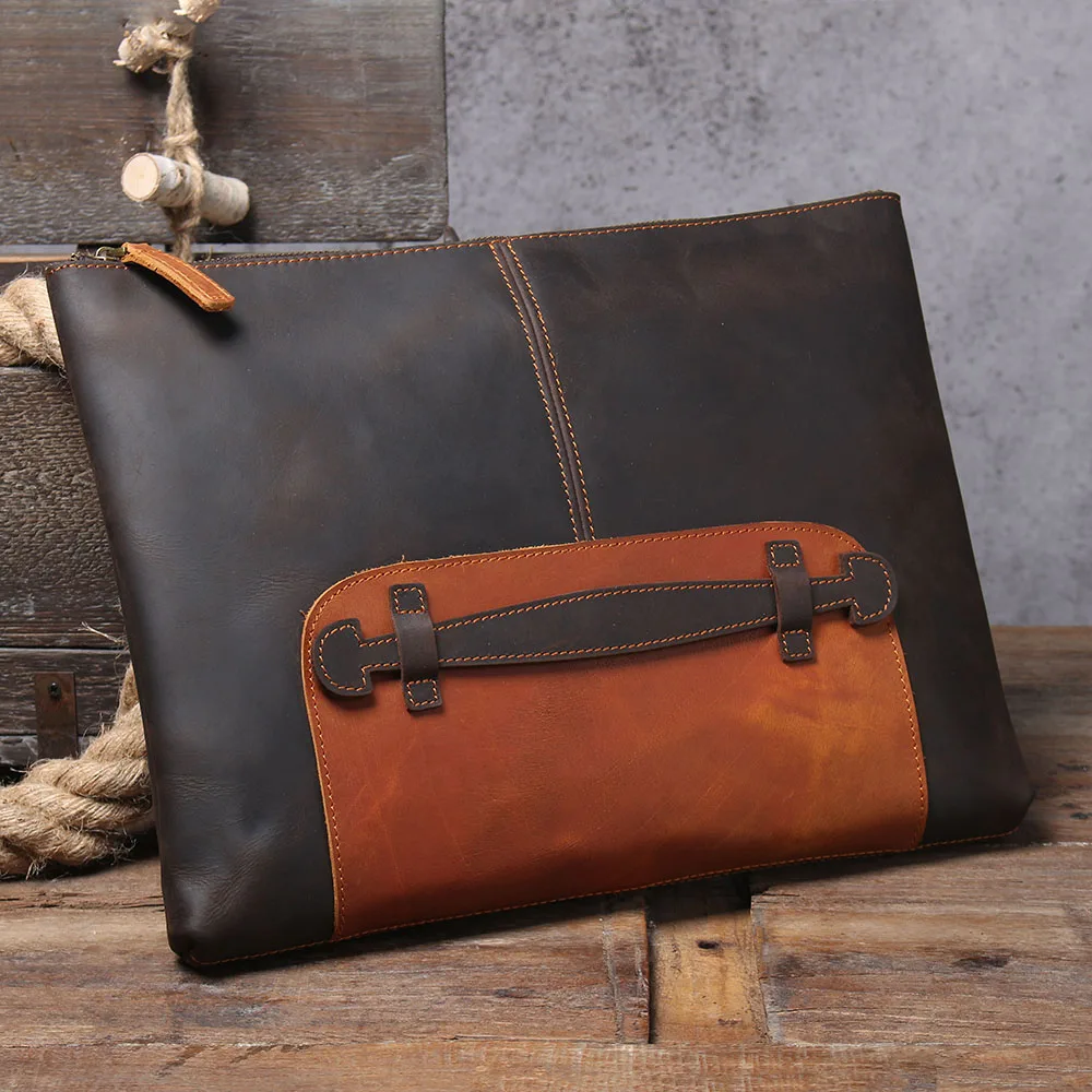S.WORKER Clutch-Tasche aus echtem Vollnarben-Rindsleder, Herren-Handtasche, Vintage-Tasche, lässige Handtasche mit großem Fassungsvermögen für Herren – Detail 26