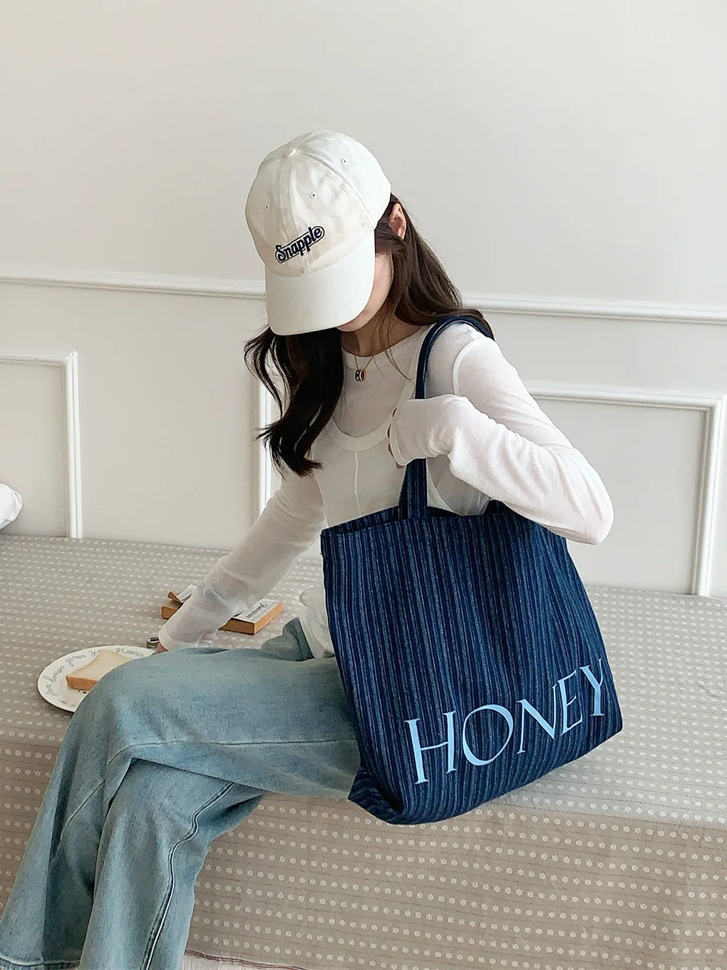 Fashionable Casual Letter Bag, Large Capacity Single Shoulder Crossbody Bag, Denim Striped Canvas Bag