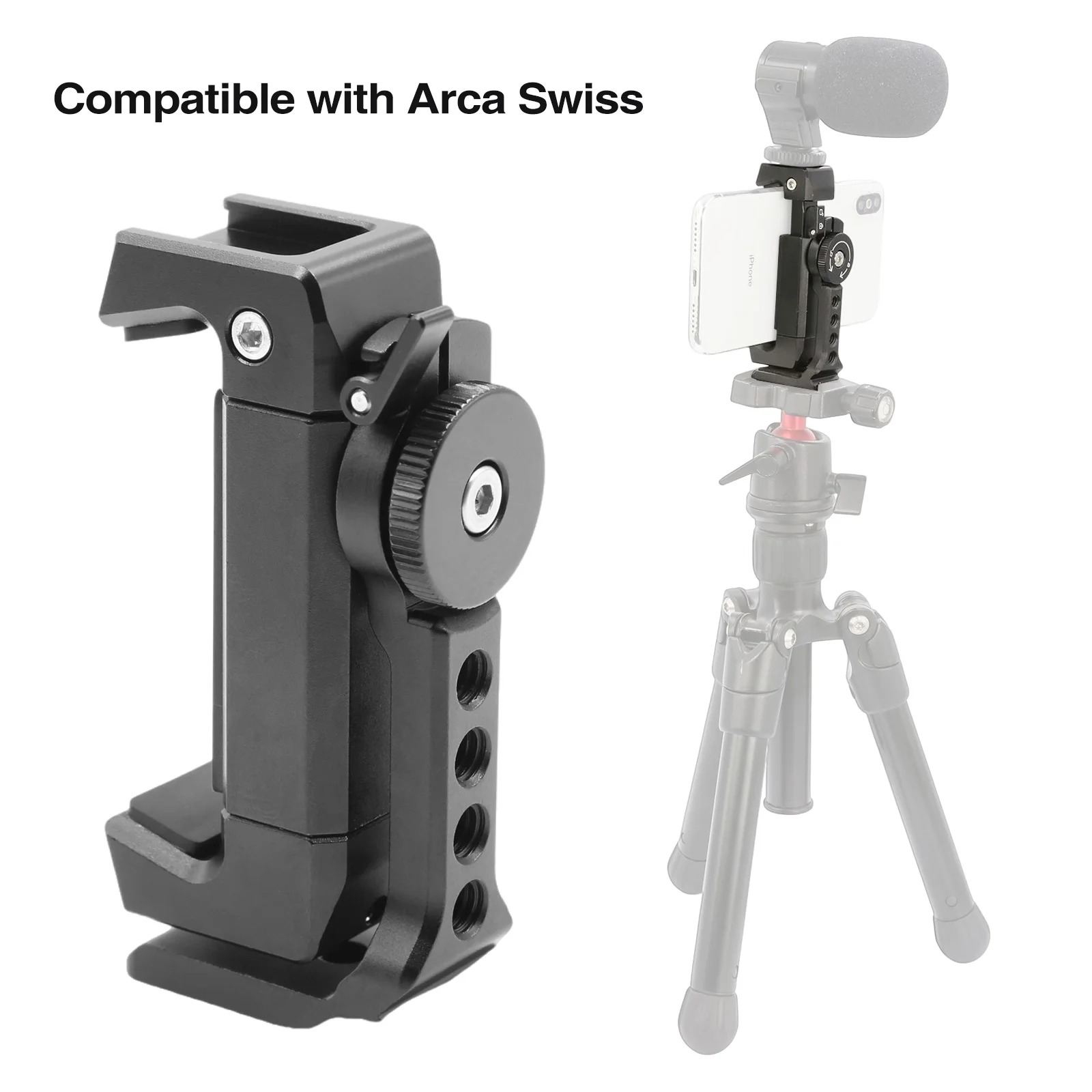 Smartphone Tripod Mount Adapter Phone Clip Holder 360 Rotation Mobile Clamp with Cold Shoe Mount for Arca-Type Plate Mic Light