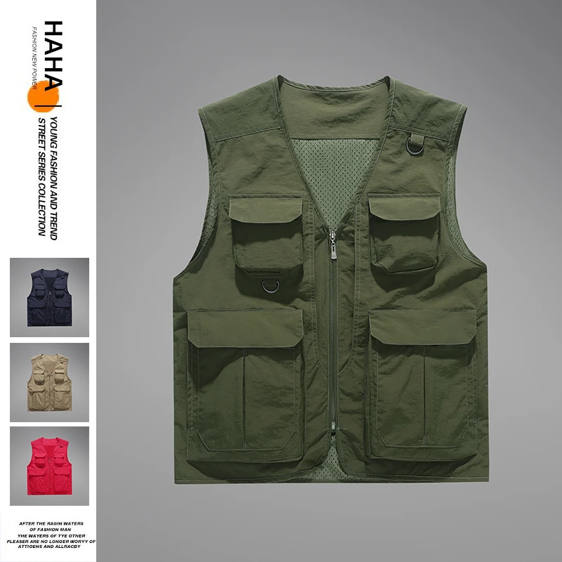 

Men Outdoor Workwear Vest Youth Popular Straight Tube Casual V-neck Vest Standing Collar Men's Vest Casual Camping Fishing Vest