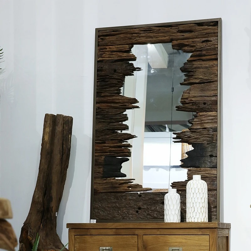 Art wall-mounted hotel wall porch rectangular teak decorative mirror