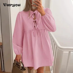 Elegant Women Shirt Dress Bow Hollow Out Long Sleeve Blue Dress Women Vacation Dresses Female Mini Dress Sweet Short Robe