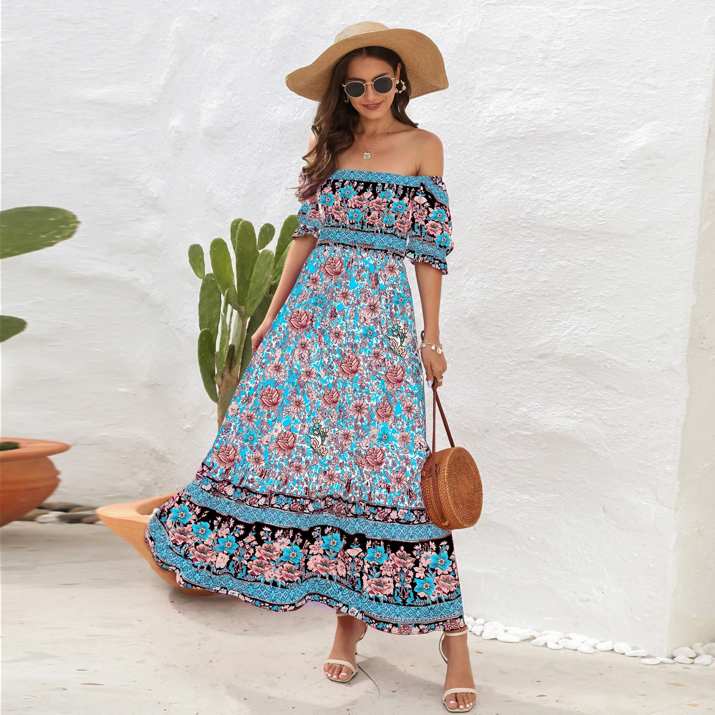 Bohemian Floral Floral Print Short Sleeve Midi Dress Woman Spring Summer Fashion Casual Slash Neck Dresses For Women 2023, kobieta