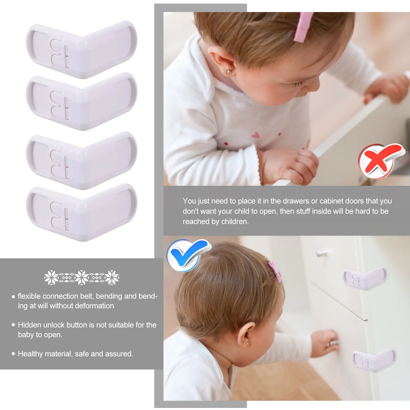 

Plastic Baby Safety Locks White Childproof Latch Cabinet Drawer Refrigerator Kids Anti Pinch Locks Home Office School Hardware
