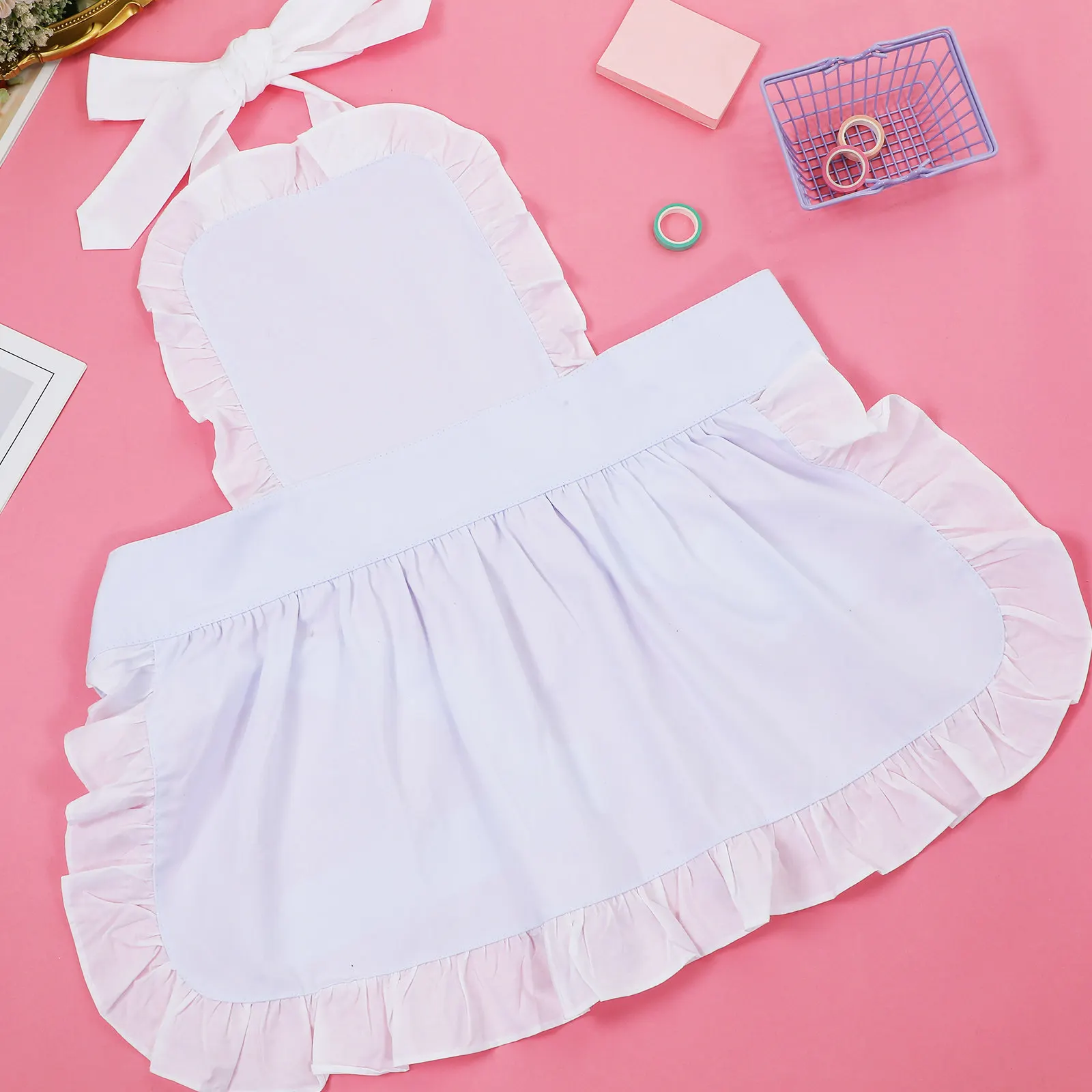White Cotton Frilly Apron for Women Adorable Maid Style Ruffle Kitchen Cleaning Waitress Cooking Apron Protective Cute Aprons