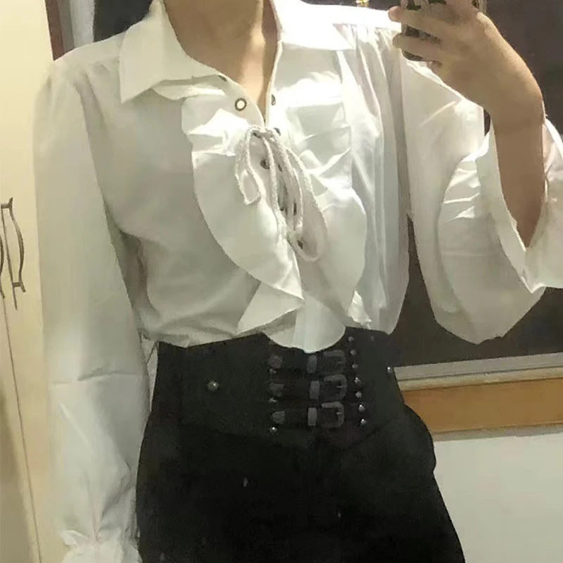 بلوزة القرون الوسطى الفايكنج أزياء الهالوين التأثيرية الخريف قمصان غير رسمية Steampunk كم طويل تكدرت قميص بلوزة الحفلات