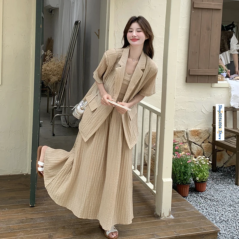 Khaki Sling Dress and Blazer Coat Two Piece Sets Women Outfits 2024 Summer Short Sleeve Loose Elegant Korean Style Suits 1108