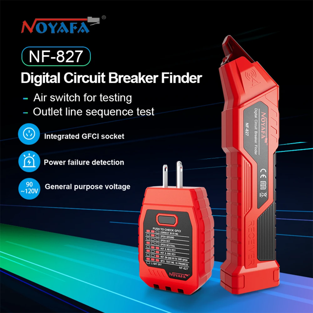 NOYAFA AC Circuit Breaker Finder Integrated GFCI Outlet Tester AC 90-120V Line Sequence Detection Digital Circuit Breaker Finder