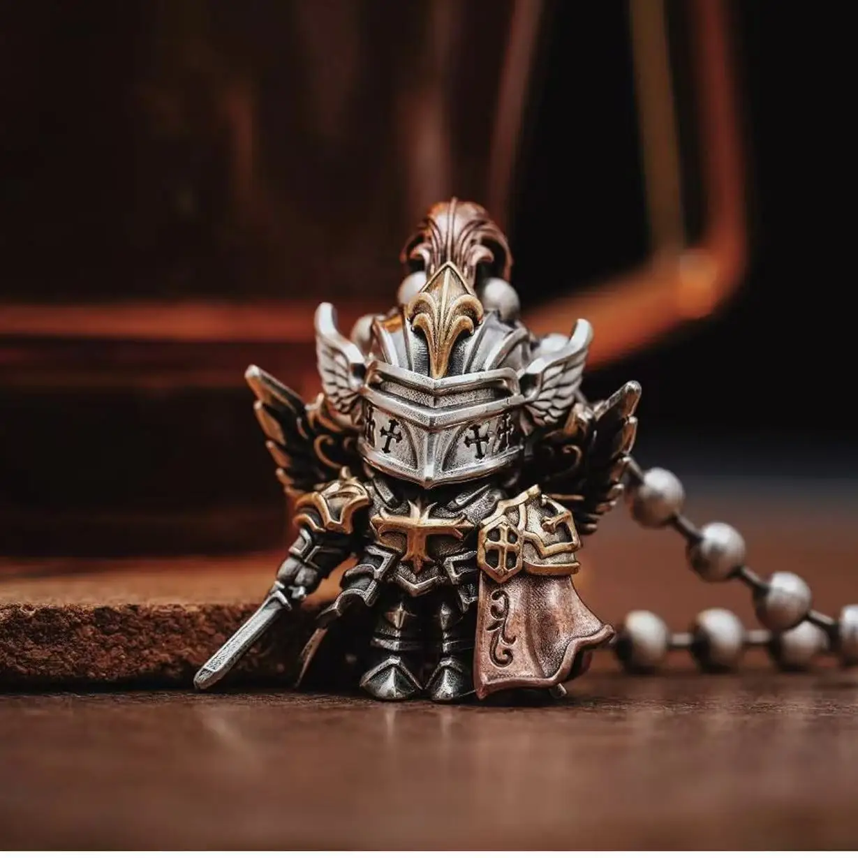 Unisex deep red Templar pendant necklace, articulated knight pendant medieval crusader figure, movable armor figurine pendant or
