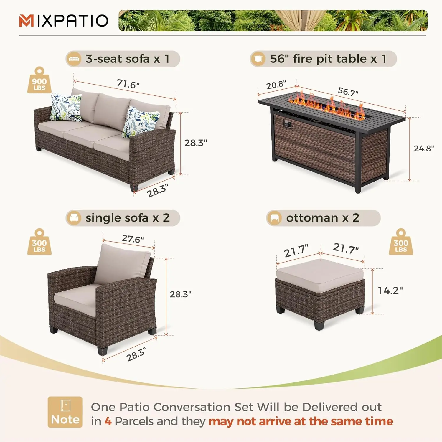 Conjunto de móveis de vime ao ar livre, cadeiras individuais, sofá de 3 lugares com 4 almofadas grossas, 56 "Fire Pit, 6 pcs