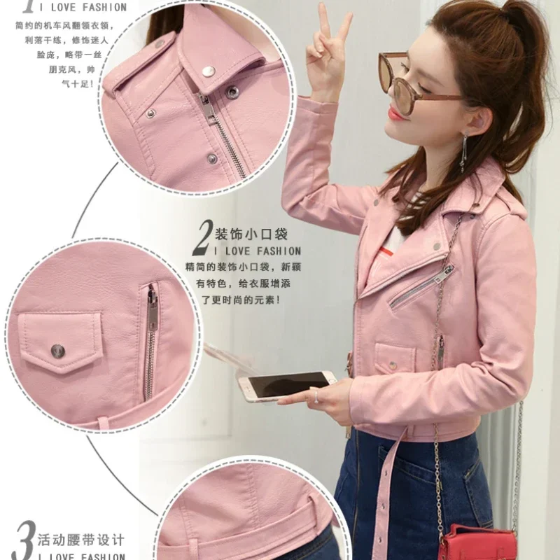 Short PU Skin Slim-fit Leather Double Breasted Belted Trench Coat Female Yellow Pink Black Date Red Motorcycle Leather Jacket