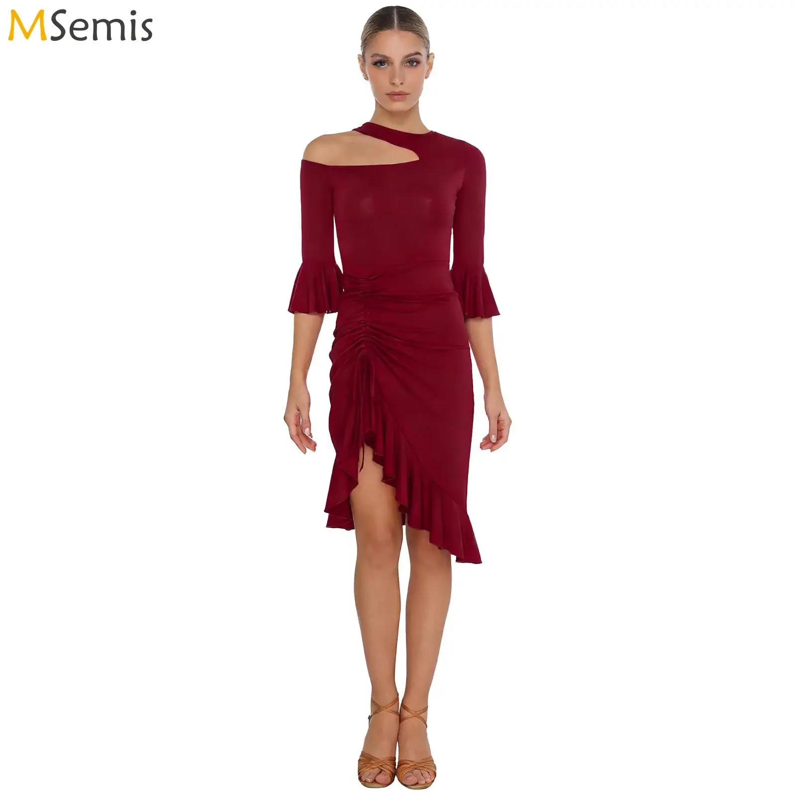 

Womens Belly Latin Dress with Safety Shorts Ruffled Trim Irregular Hem Dress Modern Ballroom Dance Performance Costume Dancewear