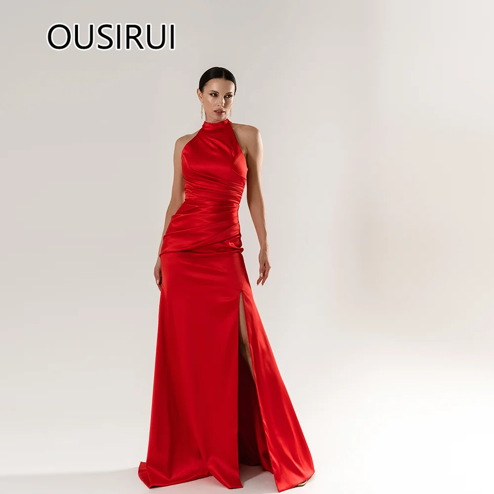 

Simple Halter Sleeveless Pleated Formal Evening Party Dress Sheath Backless Side Split Court Evening Gown Arab Custom Made