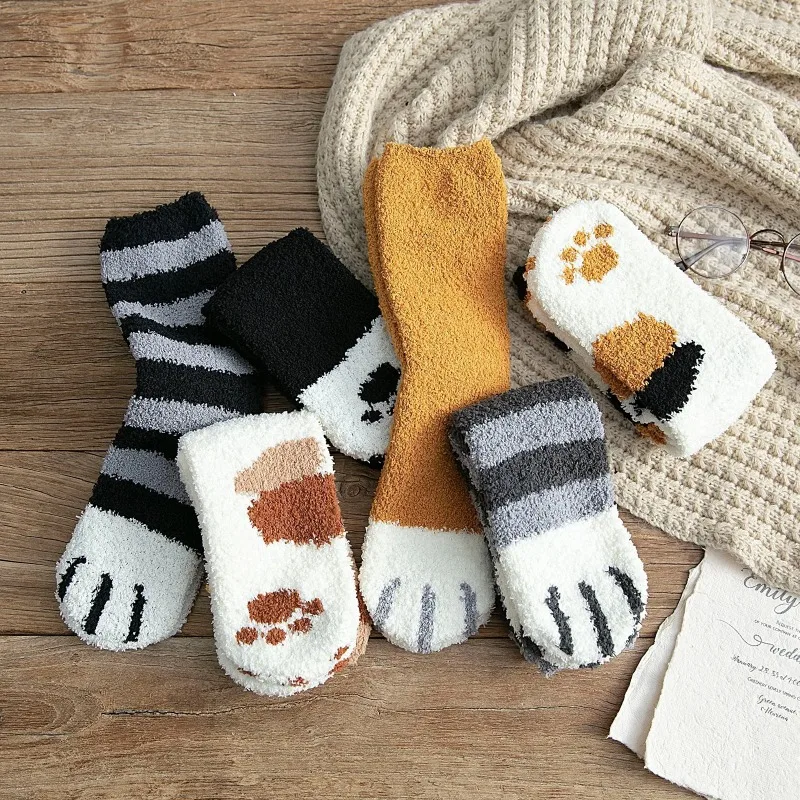 Women's Winter Warm Fluffy Socks with Cute Cat Paw Footprint Animal Claw Design Fuzzy Coral Fleece Thick Home Floor Sleep Socks
