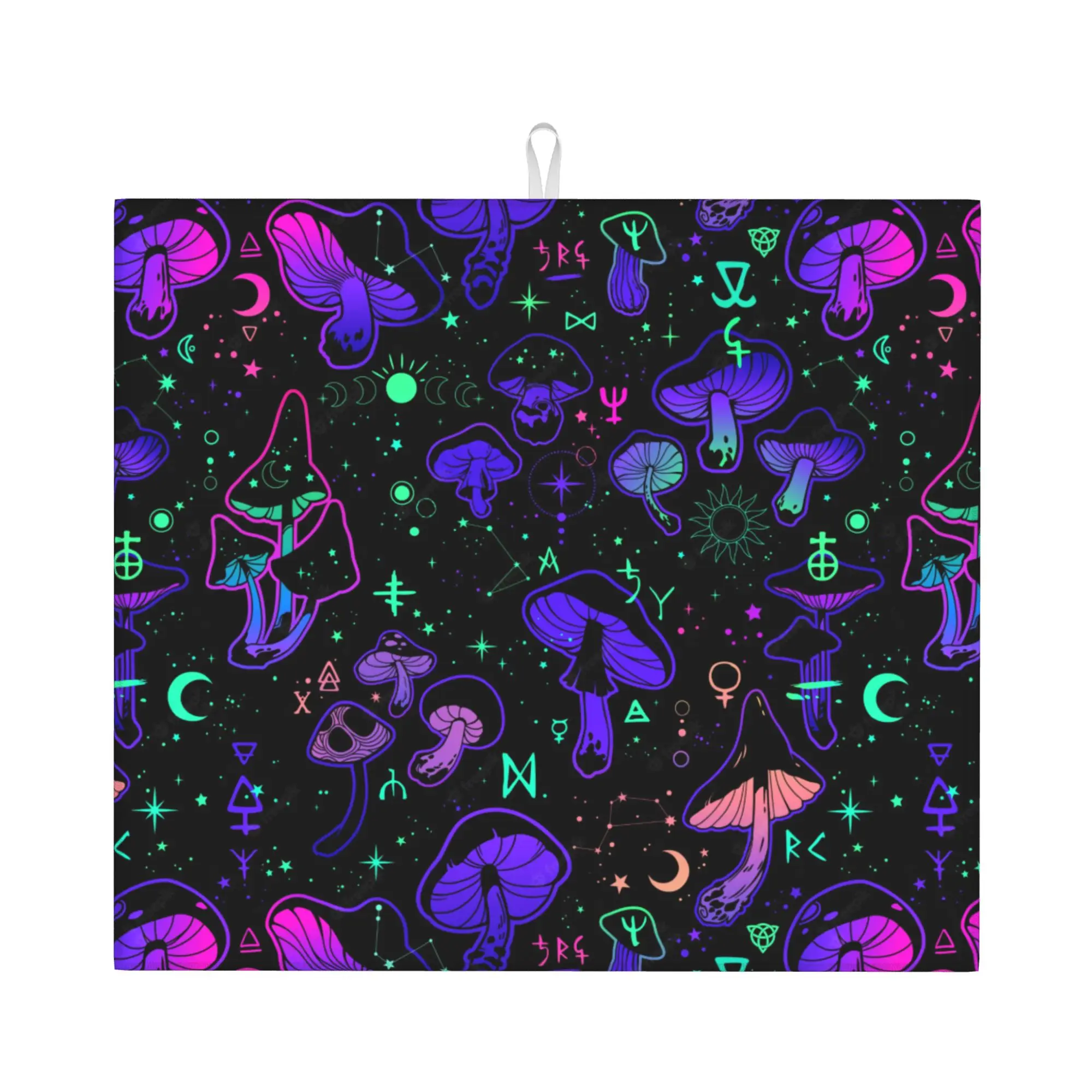 Drying Mat For Kitchen Psychedelic Magic Mushrooms Symbols Boho Water Absorbent Waterproof On Slip Kitchen Counter Protector Mat