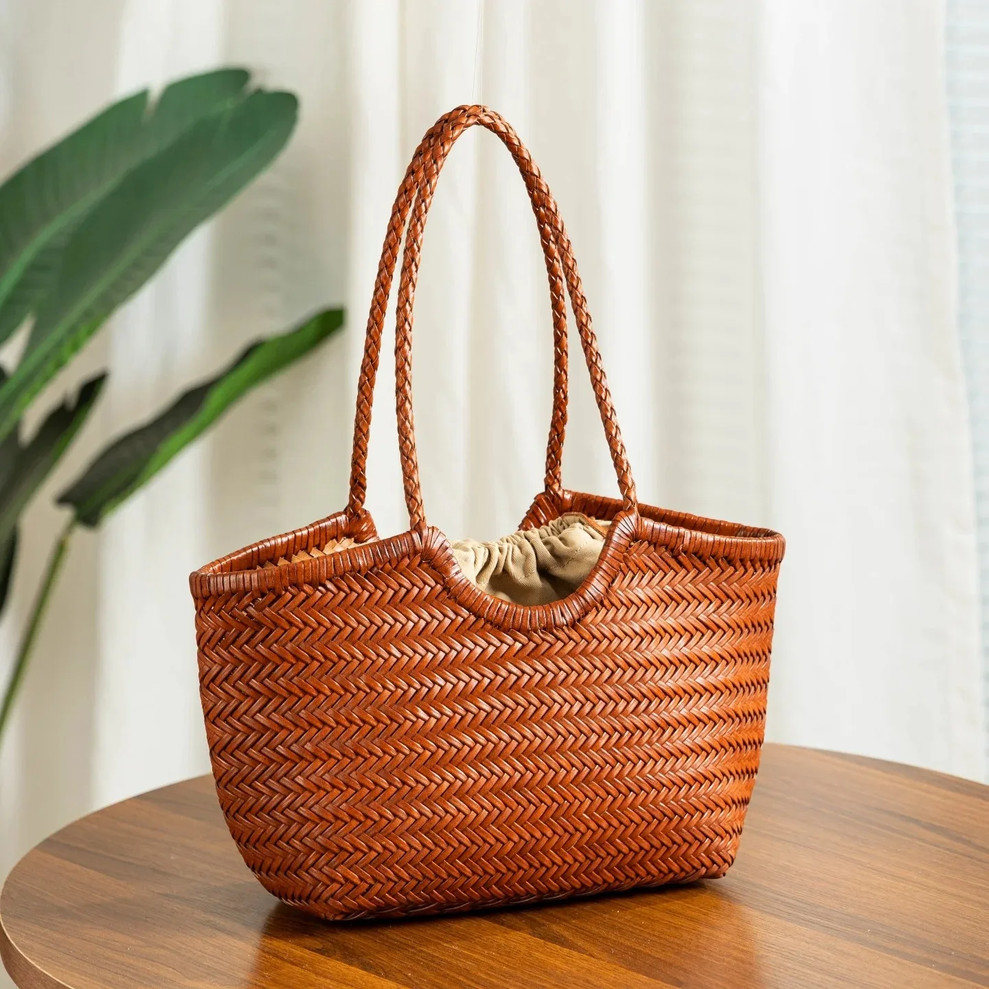 Luxury Design Handwoven Genuine Leather Tote Bag, Fashion Shopping Bag for Women Large Capacity Shoulder Bag Vegetable Basket