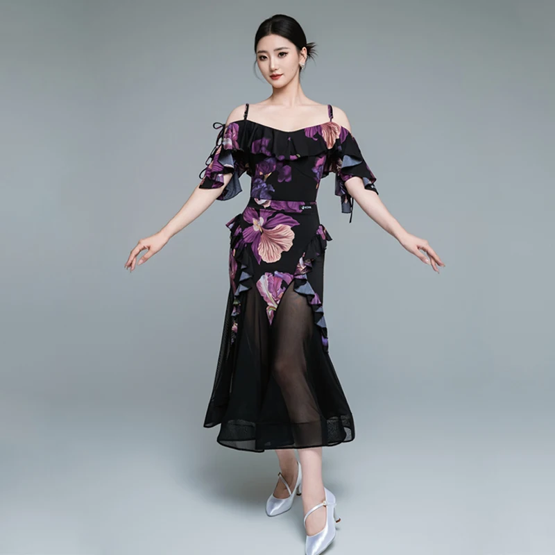 Valzer Abiti da ballo per sala da ballo Abito da prestazione per donna Top con spalle scoperte Gonna a rete Abbigliamento da competizione per ballo di fine anno Abito leopardato V24413