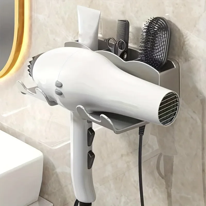 1pc Hair dryer storage rack, non perforated bathroom wall mounted bracket, bathroom air duct storage