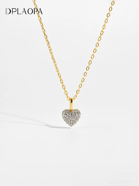 DPLAOPA 925 Sterling Silver Gold Love Heart Pendant Full Zircon Charm Long Chain Necklace 2024 Women Luxury Fine Jewelry