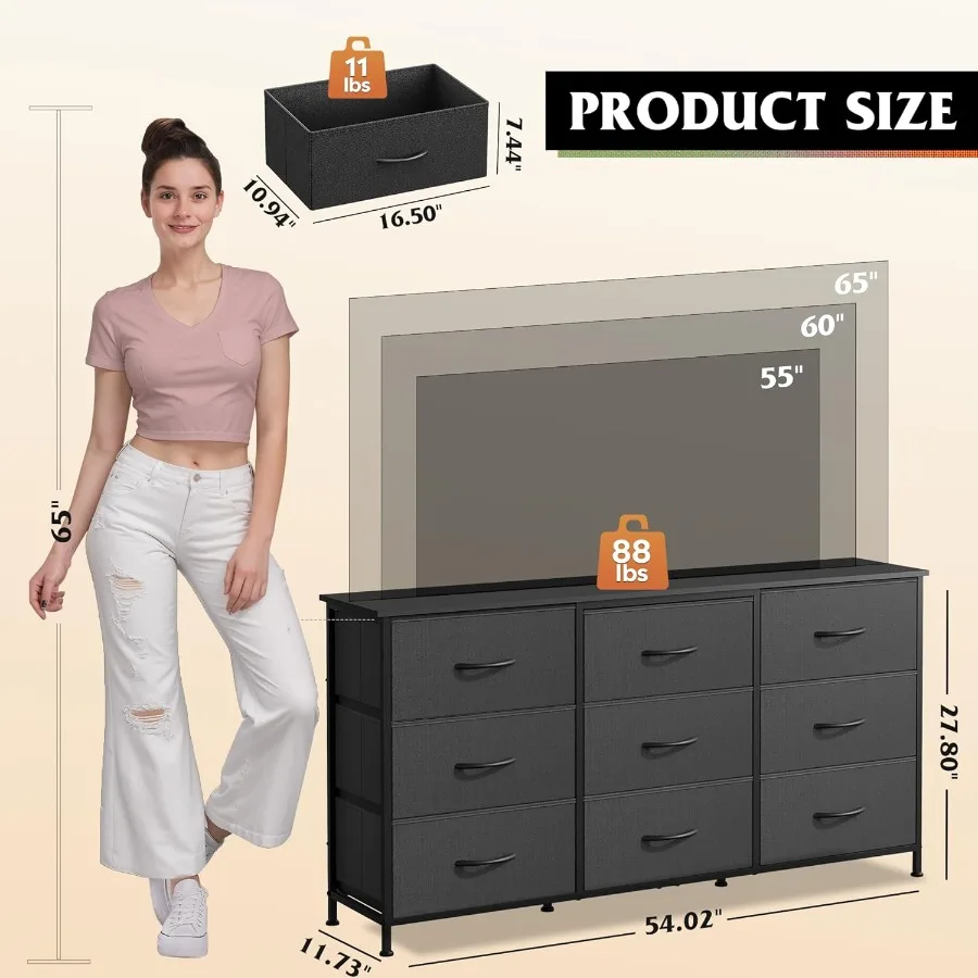 Cômoda preta para quarto, 54 polegadas, suporte de tv para tv de 55 60 65 polegadas, cômoda larga com 9 gavetas, grande entretenimento c